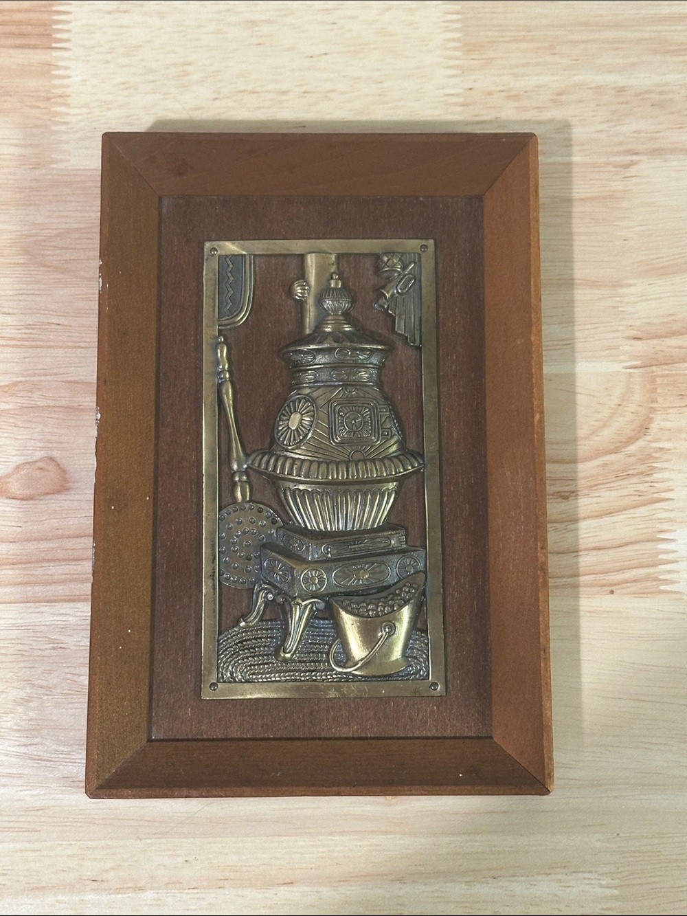 Vintage MCM Framed Brass Relief Plaque - Samovar Kitchen Wall Art Made in Japan